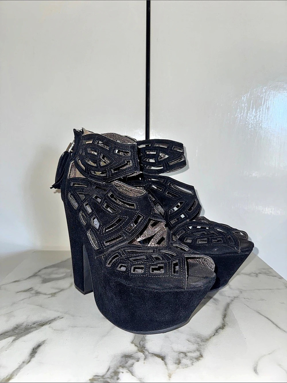 Black Geometric Platform Heels